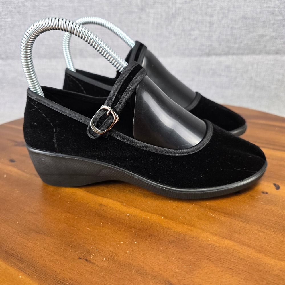 Shanghai Double Coin Black Velvet Mary Jane Martial Arts Wedge Shoes Size 220, 5 - Picture 1 of 16